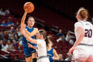 Humphrey Archangels' Kali Jarosz (4) pass during a Girls State Championship First Round basketball game Wednesday, March 4, 2026, in Lincoln, Nebraska. Photo by Jackson D. Luethje.