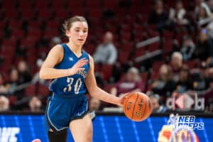 Humphrey Archangels' Jayda Krings (30) dribbling during a Girls State Championship First Round basketball game Wednesday, March 4, 2026, in Lincoln, Nebraska. Photo by Jackson D. Luethje.