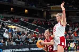 Nebraska Cornhusker Jessica Petrie (12) stops the ball carrier during a college basketball game against Indiana on Mar 4th, 2026, in Indianapolis, Indiana. Photo by Brandon Tiedemann