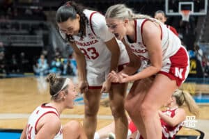 Nebraska Cornhusker Callin Hake (14) celebrates a made basket during a college basketball game against Indiana on Mar 4th, 2026, in Indianapolis, Indiana. Photo by Brandon Tiedemann