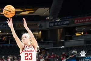 Nebraska Cornhusker Britt Prince (23) shoots during a college basketball game against Indiana on Mar 4th, 2026, in Indianapolis, Indiana. Photo by Brandon Tiedemann
