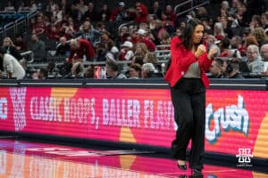 Nebraska Cornhusker head coach Amy Williams cheers during a college basketball game against Indiana on Mar 4th, 2026, in Indianapolis, Indiana. Photo by Brandon Tiedemann