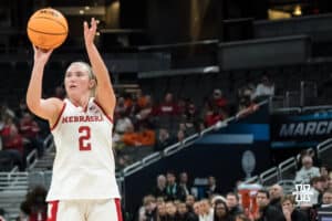 Nebraska Cornhusker Logan Nissley (2) shoots a three pointer during a college basketball game against Indiana on Mar 4th, 2026, in Indianapolis, Indiana. Photo by Brandon Tiedemann