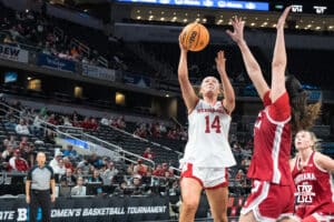 Nebraska Cornhusker Callin Hake (14) shoots a layup during a college basketball game against Indiana on Mar 4th, 2026, in Indianapolis, Indiana. Photo by Brandon Tiedemann