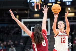 Nebraska Cornhusker Jessica Petrie (12) shoots a three pointer during a college basketball game against Indiana on Mar 4th, 2026, in Indianapolis, Indiana. Photo by Brandon Tiedemann