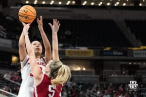 Nebraska Cornhusker Amiah Hargrove (33) shoots over a defender during a college basketball game against Indiana on Mar 4th, 2026, in Indianapolis, Indiana. Photo by Brandon Tiedemann