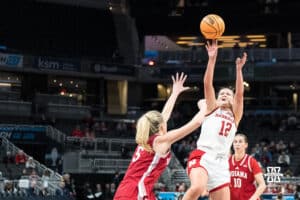 Nebraska Cornhusker Jessica Petrie (12) shoots a step-back shot during a college basketball game against Indiana on Mar 4th, 2026, in Indianapolis, Indiana. Photo by Brandon Tiedemann