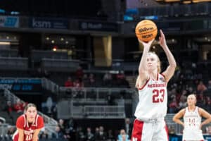 Nebraska Cornhusker Britt Prince (23) shoots a free throw during a college basketball game against Indiana on Mar 4th, 2026, in Indianapolis, Indiana. Photo by Brandon Tiedemann