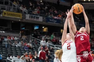 Nebraska Cornhusker Logan Nissley (2) looks to grab a rebound during a college basketball game against Indiana on Mar 4th, 2026, in Indianapolis, Indiana. Photo by Brandon Tiedemann