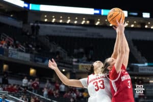 Nebraska Cornhusker Amiah Hargrove (33) fights for a rebound during a college basketball game against Indiana on Mar 4th, 2026, in Indianapolis, Indiana. Photo by Brandon Tiedemann