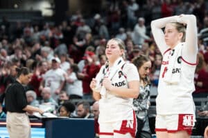Nebraska Cornhuskers Emily Fisher (34) and Petra Bozan (4) stand in disbelif during a college basketball game against Indiana on Mar 4th, 2026, in Indianapolis, Indiana. Photo by Brandon Tiedemann