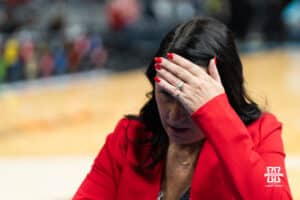Nebraska Cornhusker head coach Amy Williams walks off the court after a college basketball game against Indiana on Mar 4th, 2026, in Indianapolis, Indiana. Photo by Brandon Tiedemann