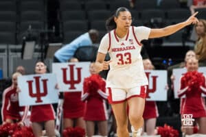 Nebraska Cornhusker Amiah Hargrove (33) thanks her teammate during a college basketball game against Indiana on Mar 4th, 2026, in Indianapolis, Indiana. Photo by Brandon Tiedemann