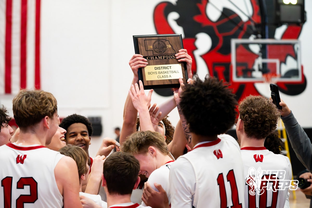 Westside with district trophy during a high school boys’ basketball game Tuesday, March 3, 2026, in Omaha, Nebraska. Photo by Jackson D. Luethje.
