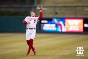 Nebraska Cornhusker infielder Rhett Stokes (9) makes an out in the ninth inning against the Omaha Mavericks during a college baseball game on Tuesday, March 3, 2026, in Lincoln, Nebraska. Photo by John S. Peterson.