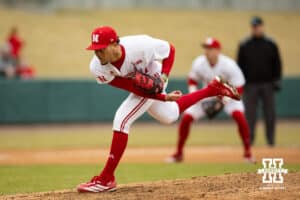 Nebraska Cornhusker pitcher J'shawn Unger (37) throws a pitch in the ninth inning against the Omaha Mavericks during a college baseball game on Tuesday, March 3, 2026, in Lincoln, Nebraska. Photo by John S. Peterson.