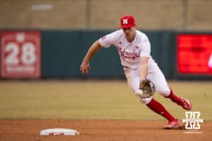 Nebraska Cornhusker infielder Dylan Carey (15) fields the ball to step on second base for an out to end the sixth inning against the Omaha Mavericks during a college baseball game on Tuesday, March 3, 2026, in Lincoln, Nebraska. Photo by John S. Peterson.