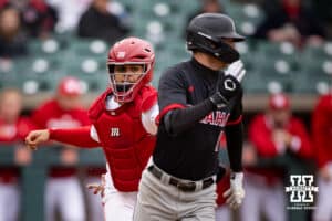 Nebraska Cornhusker catcher Jeter Worthley (0) tags Omaha Maverick infielder Henry Zipay (1) during a college baseball game on Tuesday, March 3, 2026, in Lincoln, Nebraska. Photo by John S. Peterson.