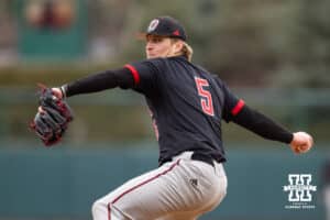 Omaha Maverick pitcher Brayden Curtis (5) throws a pitch against the Nebraska Cornhuskers in the fourth inning during a college baseball game on Tuesday, March 3, 2026, in Lincoln, Nebraska. Photo by John S. Peterson.