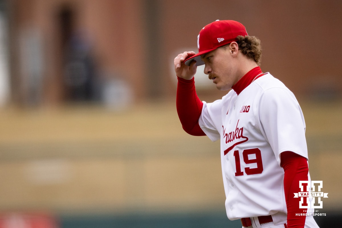 Nebraska Cornhusker pitcher Cooper Katskee (19) walks to the dugout against the in the fourth inning against the Omaha Mavericks during a college baseball game on Tuesday, March 3, 2026, in Lincoln, Nebraska. Photo by John S. Peterson.