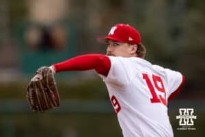 Nebraska Cornhusker pitcher Cooper Katskee (19) throws a pitch against the in the fourth inning against the Omaha Mavericks during a college baseball game on Tuesday, March 3, 2026, in Lincoln, Nebraska. Photo by John S. Peterson.