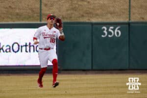 Nebraska Cornhusker outfielder Devin Nunez (16) makes an out against the Omaha Mavericks during a college baseball game on Tuesday, March 3, 2026, in Lincoln, Nebraska. Photo by John S. Peterson.