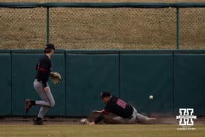 Omaha Maverick outfielder Eli Hoerner (10) misses catching the ball against the Nebraska Cornhuskers in the second inning during a college baseball game on Tuesday, March 3, 2026, in Lincoln, Nebraska. Photo by John S. Peterson.