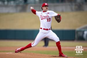 Nebraska Cornhusker pitcher Cooper Katskee (19) throws a pitch in the first inning against the Omaha Mavericks during a college baseball game on Tuesday, March 3, 2026, in Lincoln, Nebraska. Photo by John S. Peterson.