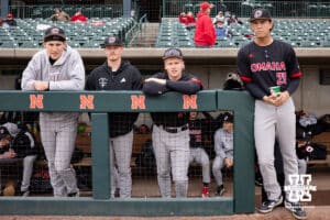Omaha Mavericks waiting for the field to be ready before taking on the Nebraska Cornhuskers during a college baseball game on Tuesday, March 3, 2026, in Lincoln, Nebraska. Photo by John S. Peterson.