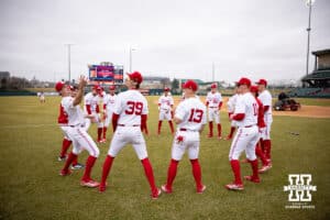 Nebraska Cornhuskers play a game before taking on the Omaha Mavericks during a college baseball game on Tuesday, March 3, 2026, in Lincoln, Nebraska. Photo by John S. Peterson.