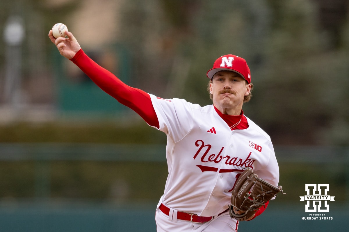 Nebraska Cornhusker pitcher Cooper Katskee (19) throws a pitch against the Omaha Mavericks in the fourth inning during a college baseball game on Tuesday, March 3, 2026, in Lincoln, Nebraska. Photo by John S. Peterson.