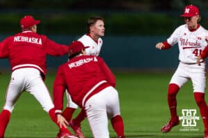 Nebraska Cornhusker Rhett Stokes (9) celebrates his walk off single against the Kansas State Wildcats in the ninth during a college baseball game at Haymarket Park on Tuesday, April 28, 2026, in Lincoln, Neb. Photo by John S. Peterson.