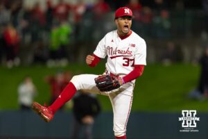 Nebraska Cornhusker pitcher J'shawn Unger (37) celebrates striking out Chandler Murray (52) shutting down the Kansas State Wildcats in the ninth inning during a college baseball game at Haymarket Park on Tuesday, April 28, 2026, in Lincoln, Neb. Photo by John S. Peterson.