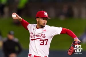 Nebraska Cornhusker pitcher J'shawn Unger (37) throws a pitch against the Kansas State Wildcats in the ninth inning during a college baseball game at Haymarket Park on Tuesday, April 28, 2026, in Lincoln, Neb. Photo by John S. Peterson.
