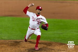 Nebraska Cornhusker pitcher J'shawn Unger (37) throws a pitch in the eighth inning against the Kansas State Wildcats during a college baseball game at Haymarket Park on Tuesday, April 28, 2026, in Lincoln, Neb. Photo by John S. Peterson.