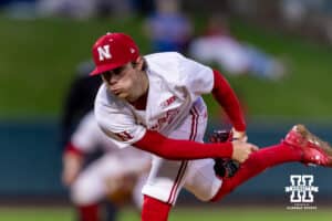 Nebraska Cornhusker pitcher Ty Horn (2) throws a ptich against the Kansas State Wildcats during a college baseball game at Haymarket Park on Tuesday, April 28, 2026, in Lincoln, Neb. Photo by John S. Peterson.