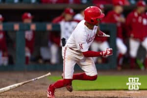 Nebraska Cornhusker Jeter Worthley (0) singles in the sixth inning during a college baseball game at Haymarket Park on Tuesday, April 28, 2026, in Lincoln, Neb. Photo by John S. Peterson.