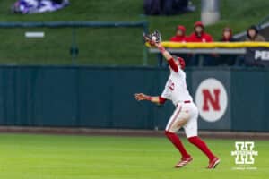 Nebraska Cornhusker outfielder Drew Grego (10) makes a catch for an out against the Kansas State Wildcats in the sixth inning during a college baseball game at Haymarket Park on Tuesday, April 28, 2026, in Lincoln, Neb. Photo by John S. Peterson.