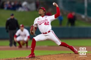 Nebraska Cornhusker pitcher Jalen Worthley (42) throws a pitch in the sixth inning against the Kansas State Wildcats during a college baseball game at Haymarket Park on Tuesday, April 28, 2026, in Lincoln, Neb. Photo by John S. Peterson.