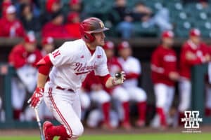 Nebraska Cornhusker Josh Overbeek (4) hits a single against the Kansas State Wildcats in the fifth inning during a college baseball game at Haymarket Park on Tuesday, April 28, 2026, in Lincoln, Neb. Photo by John S. Peterson.