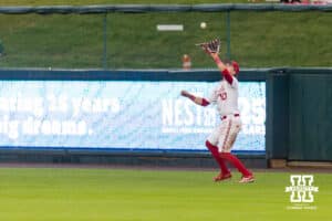 Nebraska Cornhusker outfielder Drew Grego (10) makes a catch for an out against the Kansas State Wildcats in the fifth inning during a college baseball game at Haymarket Park on Tuesday, April 28, 2026, in Lincoln, Neb. Photo by John S. Peterson.