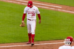 Nebraska Cornhusker pitcher Tucker Timmerman (32) walks to the dugout after the top of the fourth against the Kansas State Wildcats during a college baseball game at Haymarket Park on Tuesday, April 28, 2026, in Lincoln, Neb. Photo by John S. Peterson.