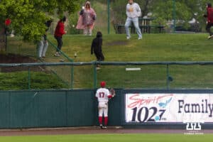 Nebraska Cornhusker outfielder Mac Moyer (17) watches Kansas State Wildcat Ty Smolinski (34) home run ball go over the fence in the fourth inning during a college baseball game at Haymarket Park on Tuesday, April 28, 2026, in Lincoln, Neb. Photo by John S. Peterson.