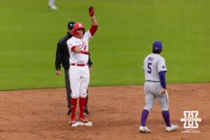 Nebraska Cornhusker Case Sanderson (14) celebrates hitting a double in the third inning against the Kansas State Wildcats during a college baseball game at Haymarket Park on Tuesday, April 28, 2026, in Lincoln, Neb. Photo by John S. Peterson.