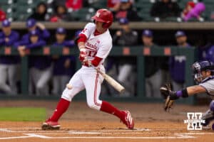 Nebraska Cornhusker Mac Moyer (17) singles in the first inning against the Kansas State Wildcats during a college baseball game at Haymarket Park on Tuesday, April 28, 2026, in Lincoln, Neb. Photo by John S. Peterson.