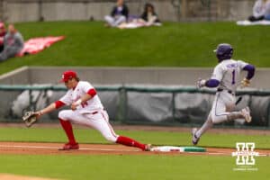 Nebraska Cornhusker infielder Case Sanderson (14) forces out Kansas State Wildcat infielder Dee Kennedy (1) at first base in the first inning during a college baseball game at Haymarket Park on Tuesday, April 28, 2026, in Lincoln, Neb. Photo by John S. Peterson.