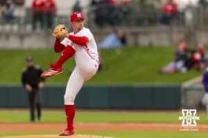 Nebraska Cornhusker pitcher Tucker Timmerman (32) throws a pitch against the Kansas State Wildcats during a college baseball game at Haymarket Park on Tuesday, April 28, 2026, in Lincoln, Neb. Photo by John S. Peterson.