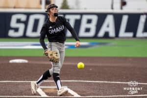 Omaha Mavericks Maddia Groff (6) pitches during a college softball game on April 28, 2026, in Omaha, Nebraska. Photo by Brandon Tiedemann.