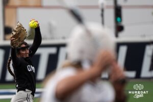 Omaha Mavericks Maddia Groff (6) pitches during a college softball game on April 28, 2026, in Omaha, Nebraska. Photo by Brandon Tiedemann.