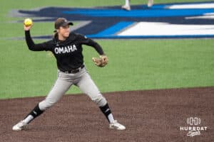 Omaha Mavericks Taylor Sedlacek (29) throws to first base during a college softball game on April 28, 2026, in Omaha, Nebraska. Photo by Brandon Tiedemann.